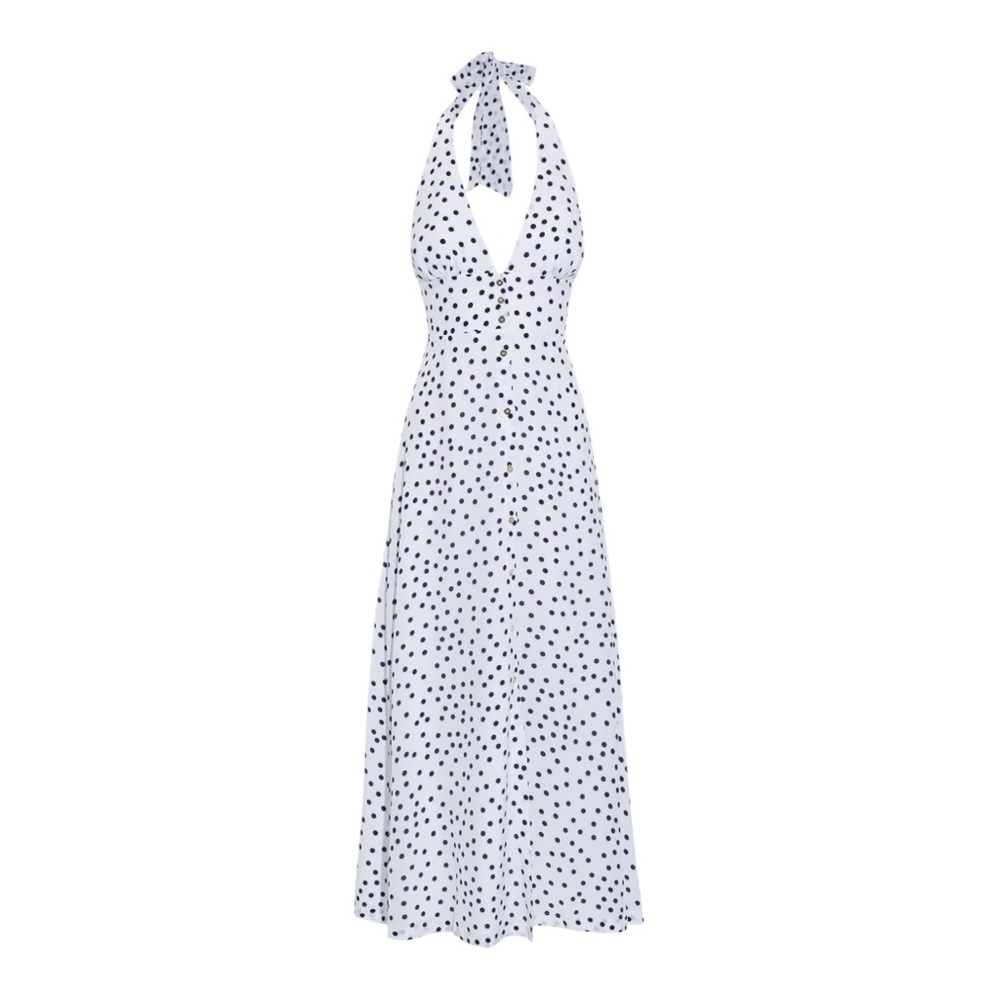 Heidi Klein Maxi Black White Polka Dot Padded Halter‎ Silk Dress Women’s Size XL